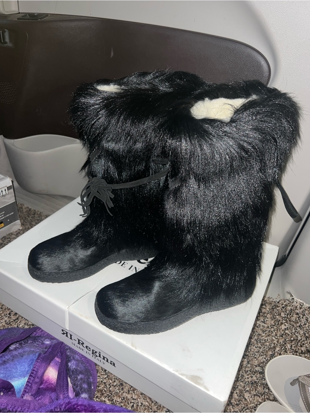 Regina-Andrew Black Faux Fur Winter Rain Boots with Ankle Tie